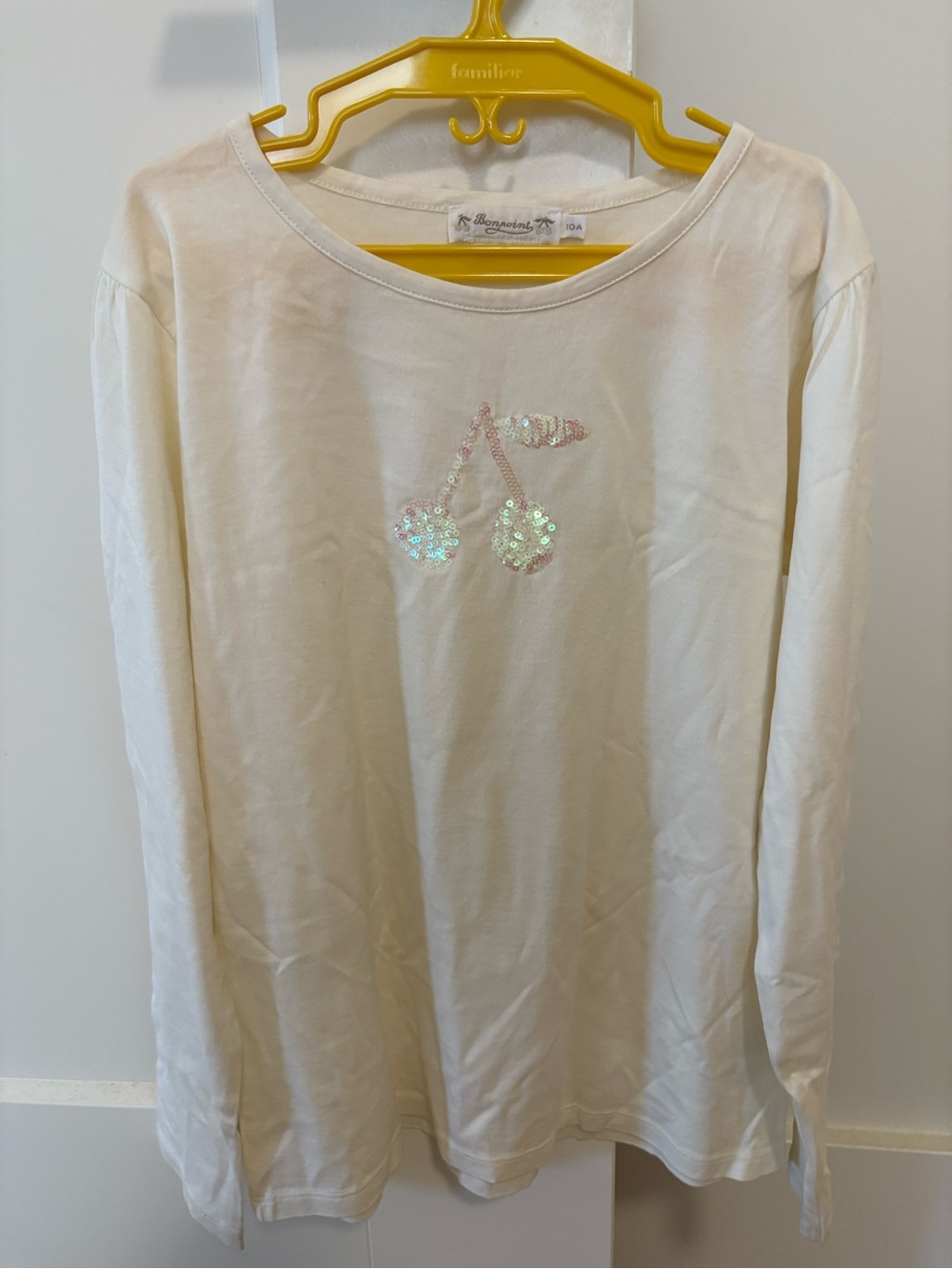 Bonpoint Cream Tee with Iridescent Sequin Cherry Motif girls 10A
